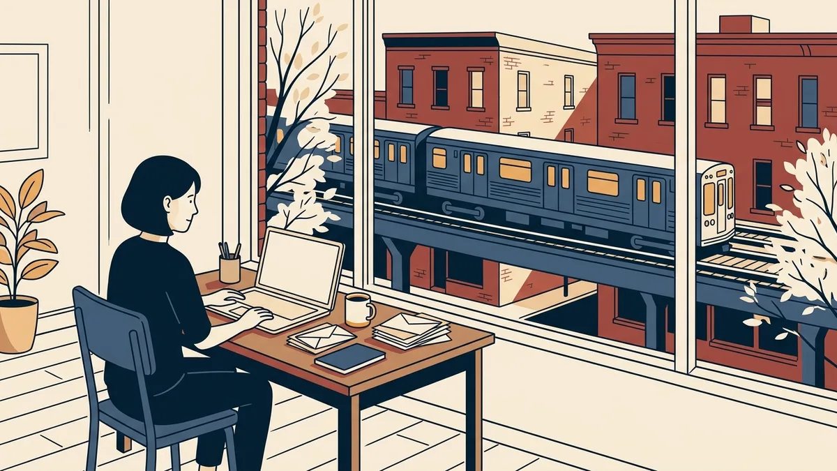 A social worker at a window desk with a laptop, overlooking an elevated train passing between brick buildings.