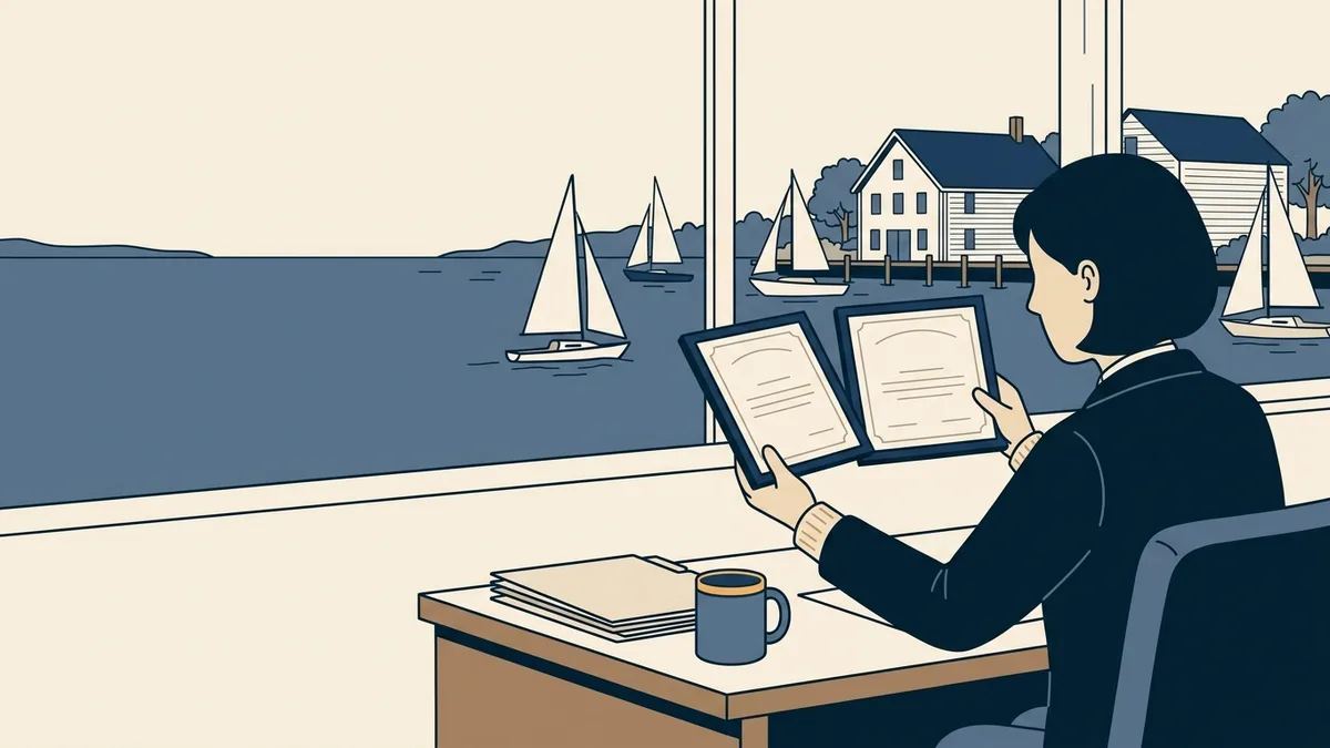 A social worker comparing two license certificates at a desk, with a New England harbor and sailboats outside the window.