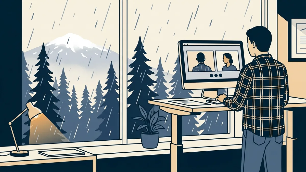 A social worker on a video call in a home office with evergreen trees and a misty mountain outside the window.
