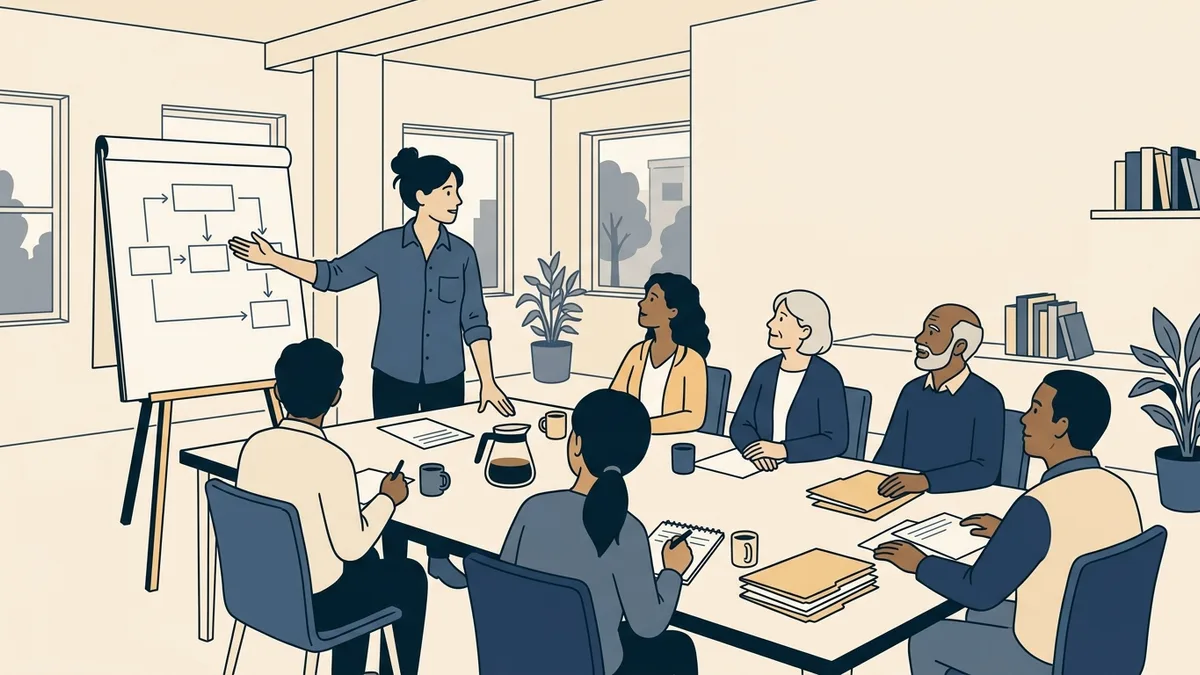 A macro-practice social worker leading a planning meeting with community partners around a conference table in a nonprofit office.
