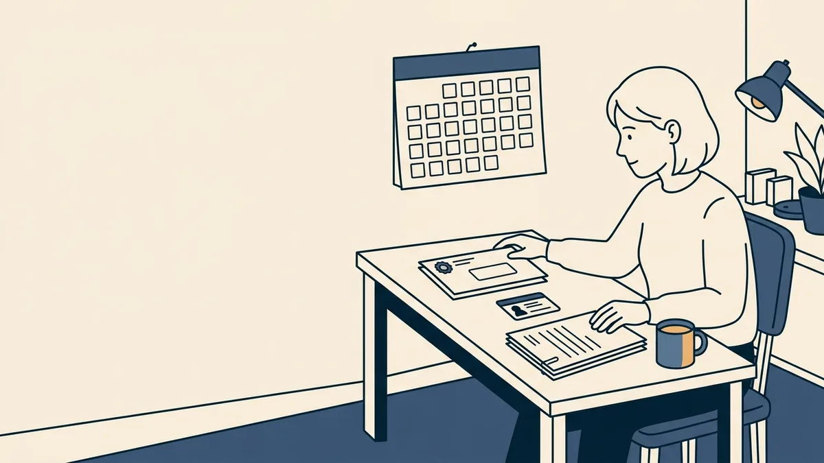 A recent MSW graduate at a home desk sorting a transcript envelope, a photo ID and a printed application into separate piles.
