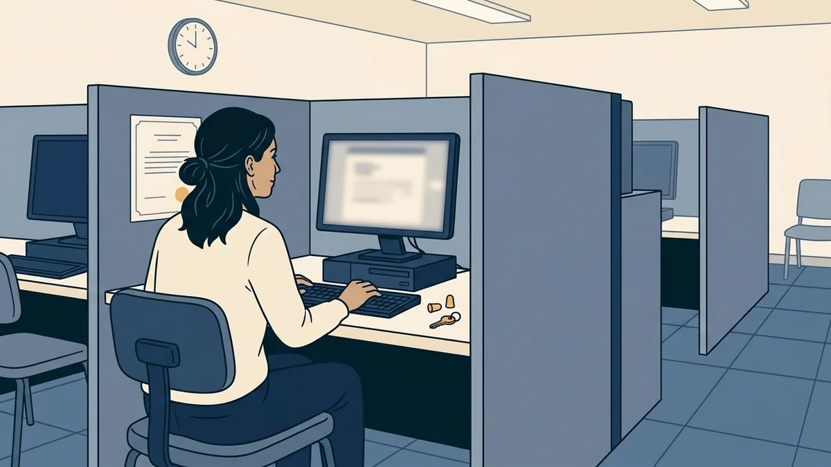 A social worker at a quiet testing center desk with a computer monitor, a pair of foam earplugs and a small locker key beside the keyboard.