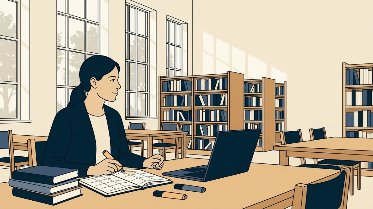 A social worker at a library table with a study planner, highlighters and a stack of review books, planning the weeks before a second exam attempt.