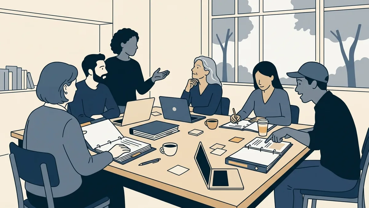A group of social work graduates in a university study room working through practice questions together around a long table.