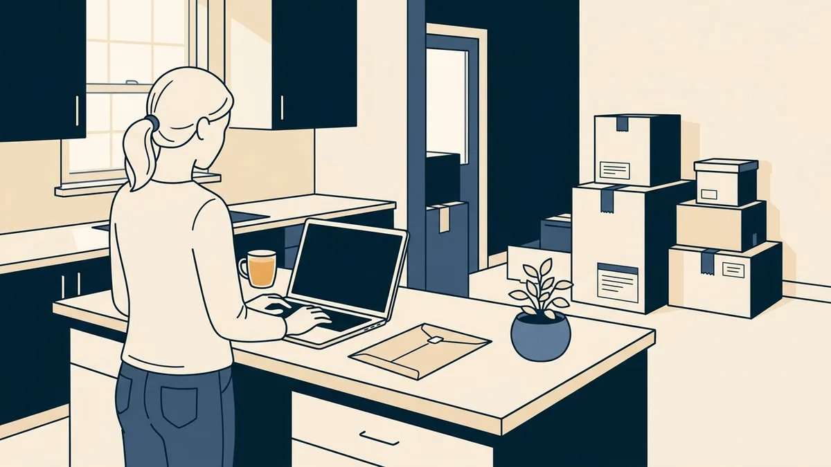 A social worker at a laptop on a kitchen counter with a sealed envelope and a small potted plant, ordering a document to be sent to another office.