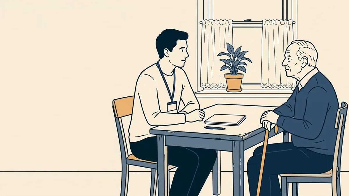 A bachelor's-level social worker making a home visit, sitting at a kitchen table with an older adult and a stack of benefit forms.