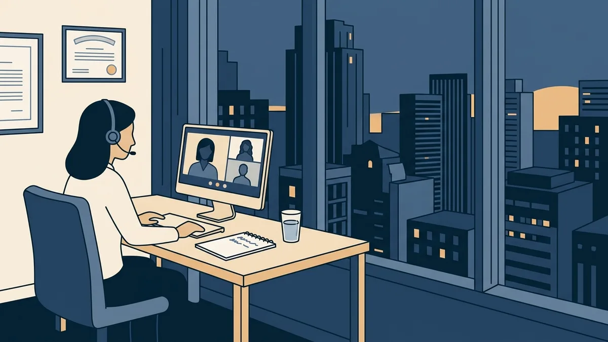 A social worker on a video call at a home office desk, with a window view of a large city skyline.
