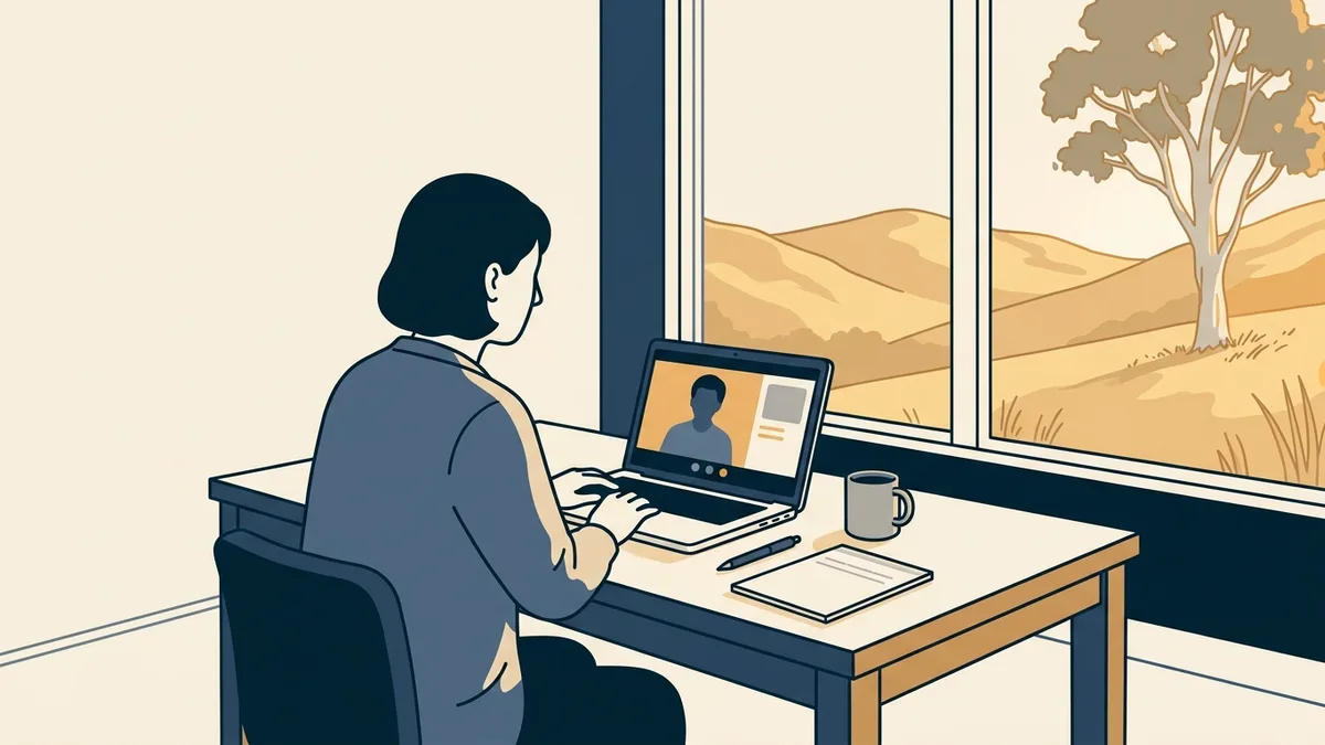 A clinical social worker on a video session at a desk, with a window showing dry California hills and a eucalyptus tree.