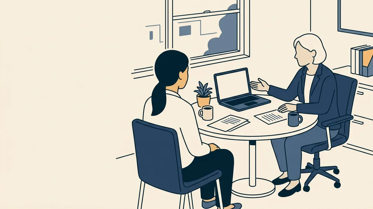 A newer social worker and a supervisor reviewing a case together at a small round table in an agency office.