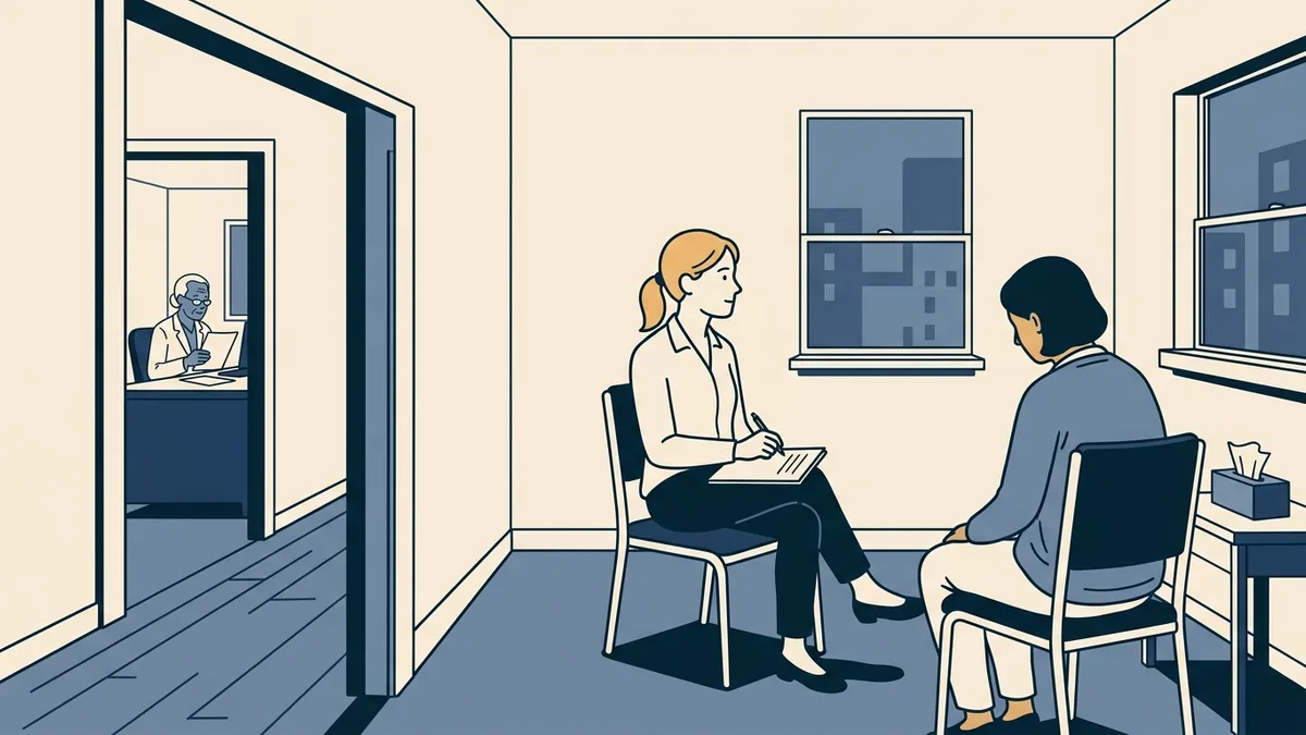 A young social worker leading a counseling session with an adult client in a community mental health clinic office, with a supervisor's office door visible down the hallway.