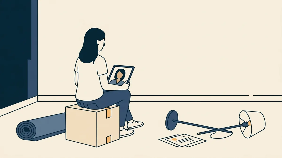 A client sitting on a moving box in an empty apartment, on a video call with her social worker on a tablet.