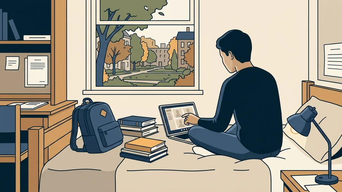 A college student on a laptop video call in a dorm room with a backpack and a stack of textbooks on the bed.