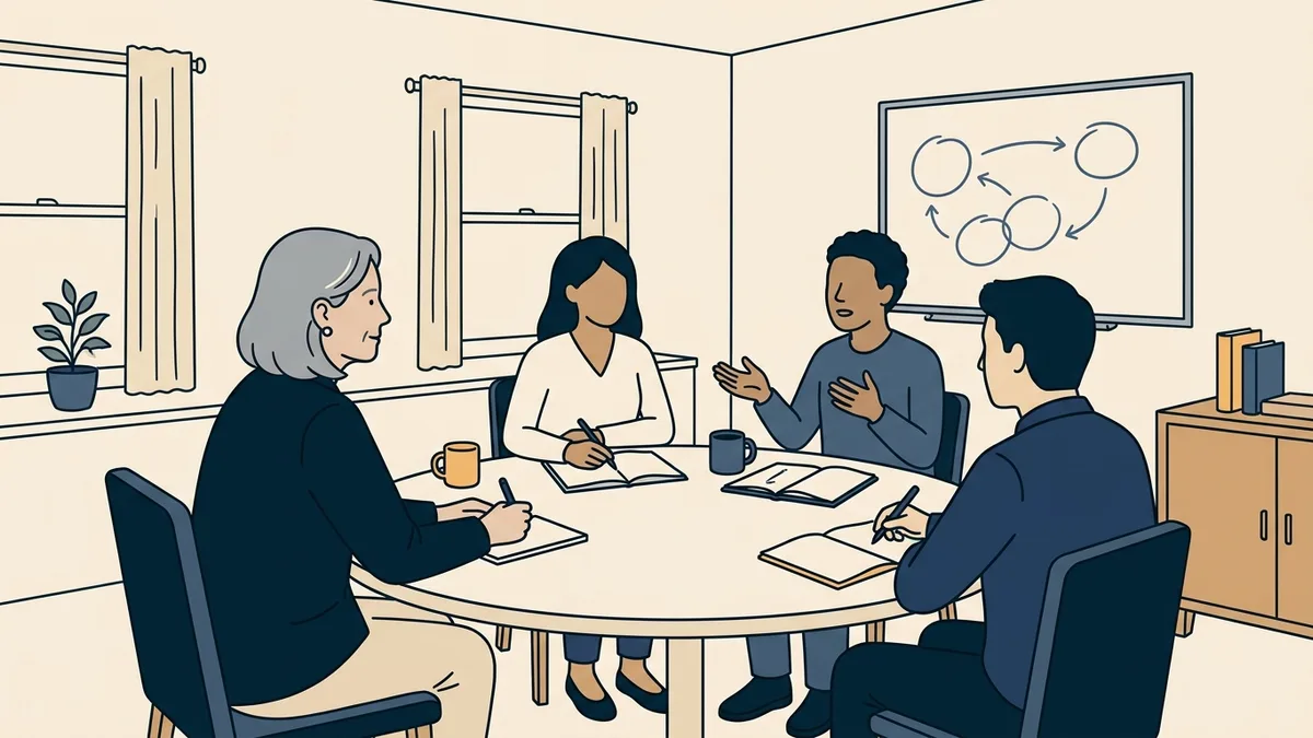 A senior clinical social worker leading a small group supervision session with three newer social workers in a conference room.