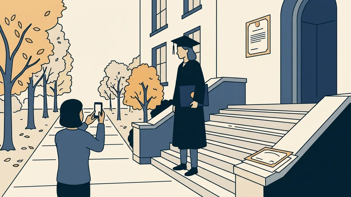 A social work graduate in cap and gown holding a diploma folder outside a university building with stone steps.
