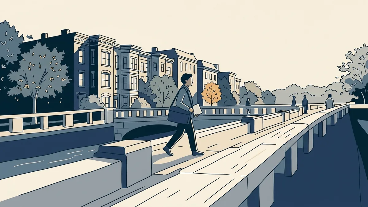 A social worker walking across a bridge toward Washington, DC rowhouses, carrying a laptop bag.