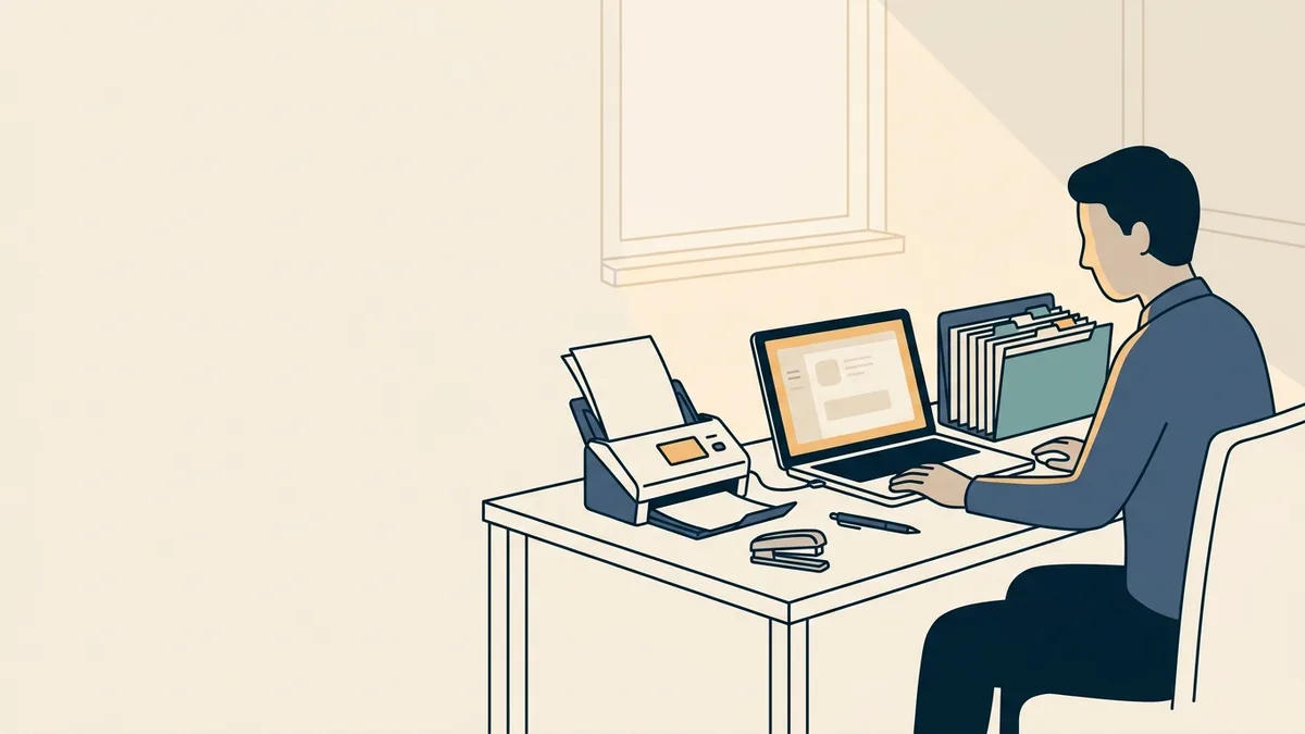 A social worker at a desk scanning signed supervision log pages into a laptop, with a labeled accordion file beside her.
