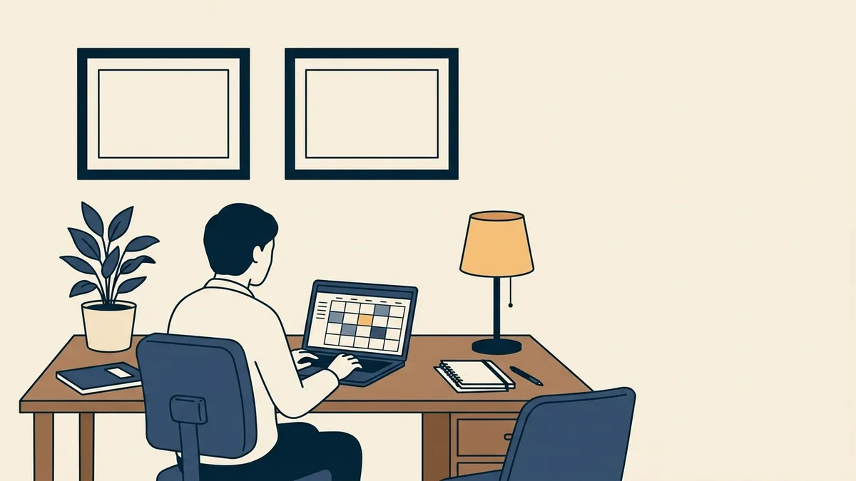 Two framed licenses on an office wall above a desk where a clinician reviews a calendar.