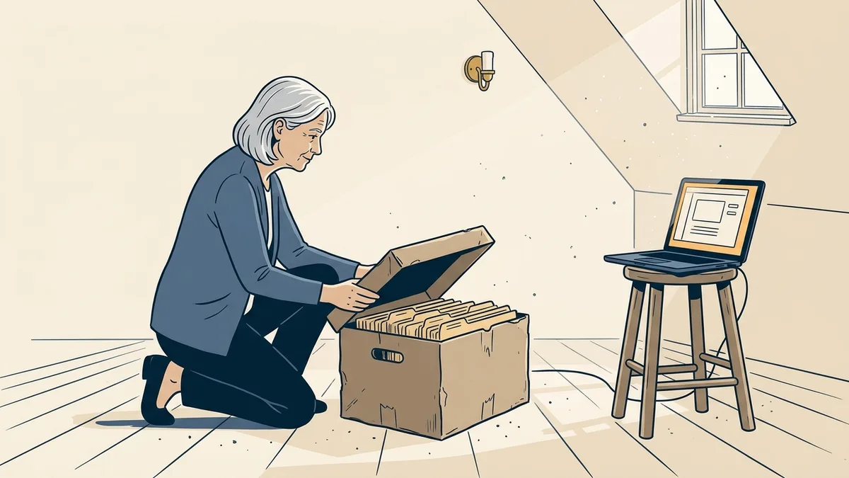 A senior social worker opening an old file box in an attic, with faded folders and a laptop on a stool beside her.