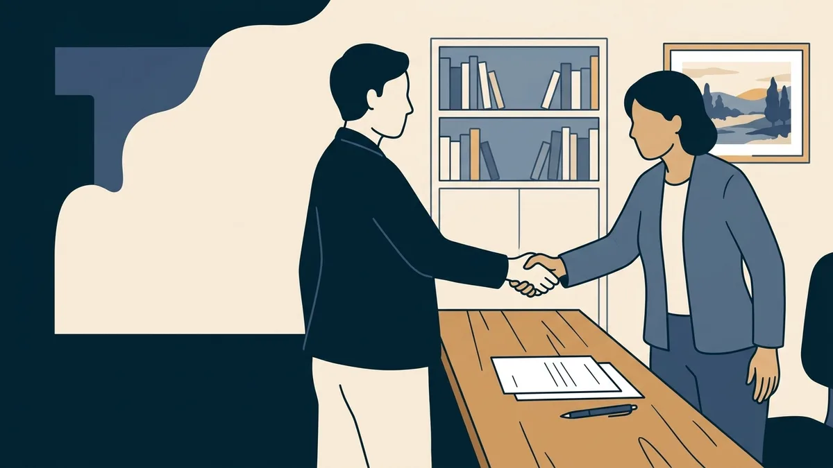 Two social workers shaking hands across a desk in a group practice office after agreeing on a supervision arrangement.