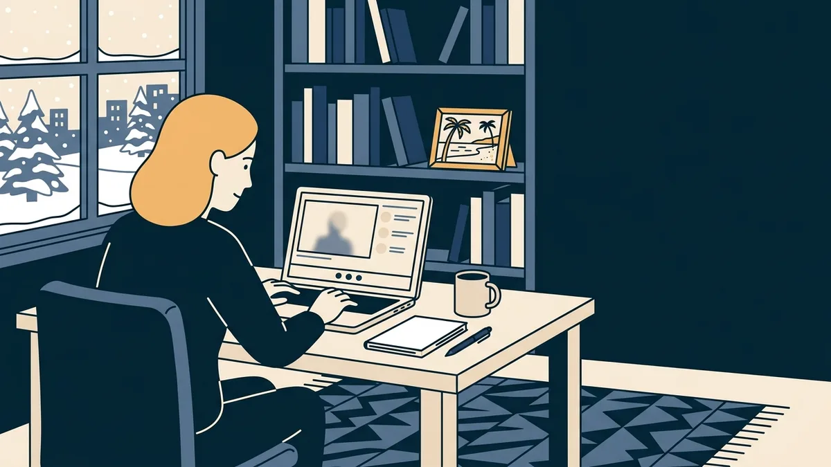 A social worker in a northern home office on a video call, with a small framed beach photo on the shelf.