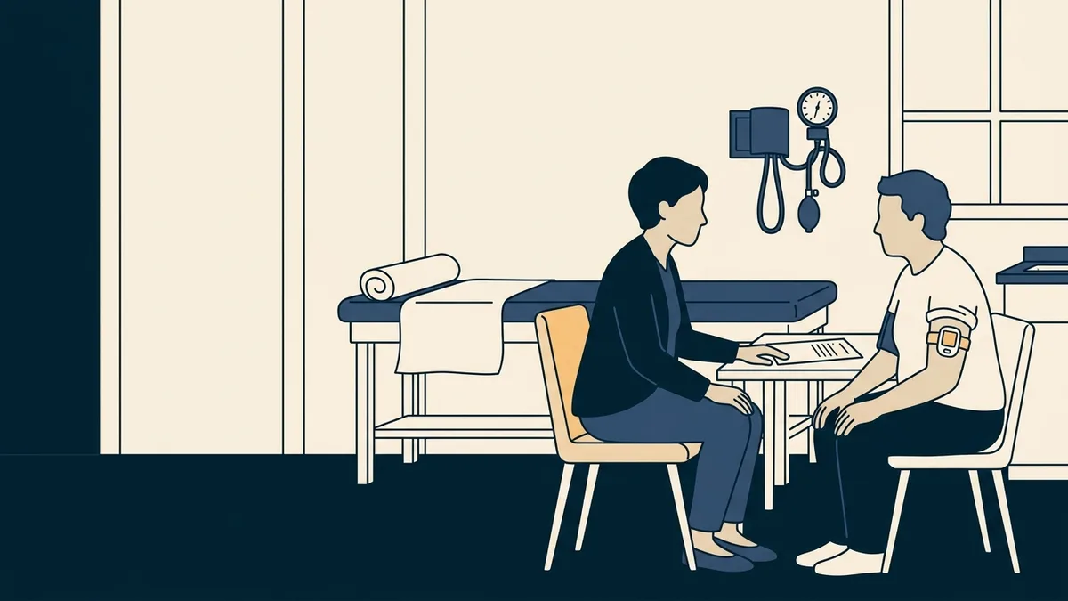 A social worker and a patient with a glucose monitor talking in a primary care exam room.