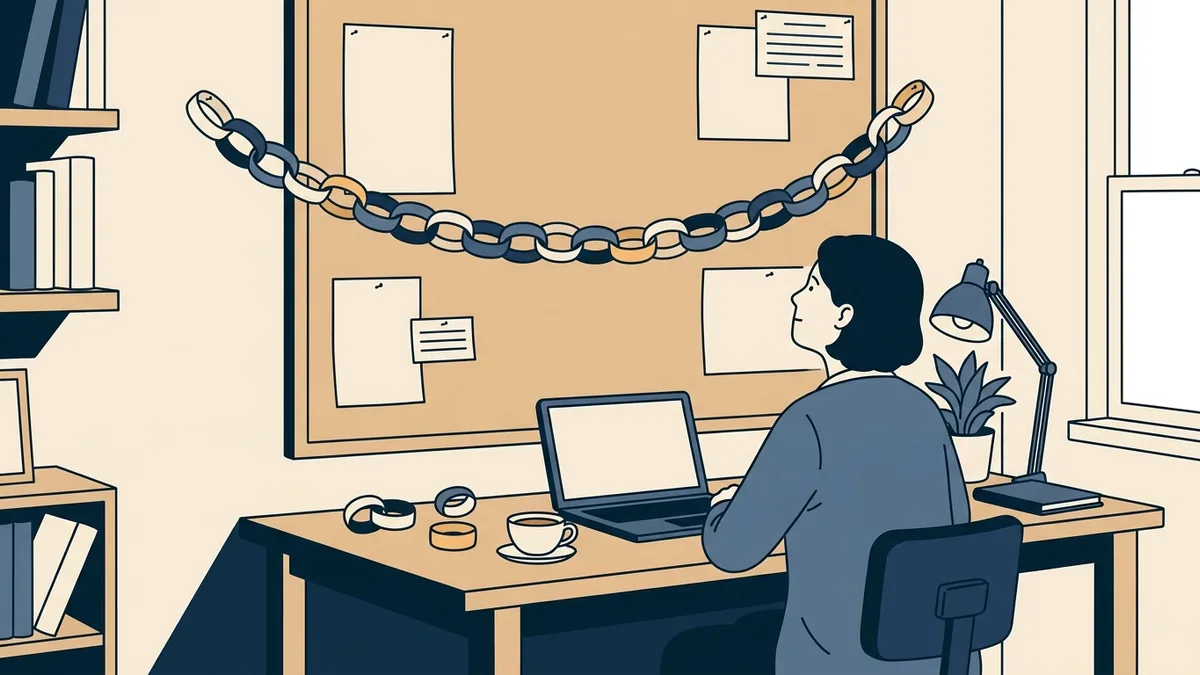 A social worker looking at a long paper chain of linked steps hanging across a corkboard in a home office.