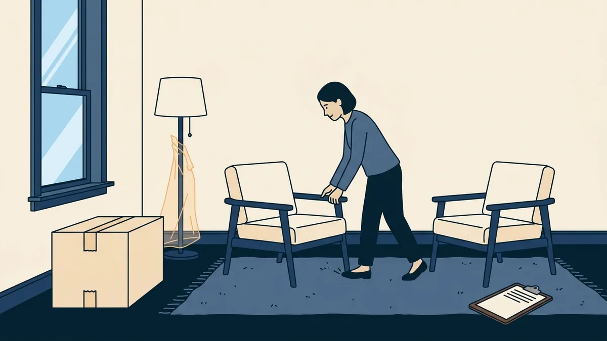 A social worker arranging two armchairs in a newly painted, empty private practice office.
