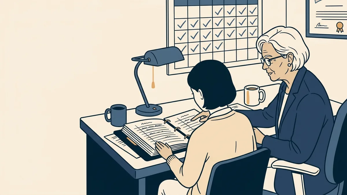 A clinical social worker reviewing an hours log in a binder with a supervisor in a small office with a wall calendar.