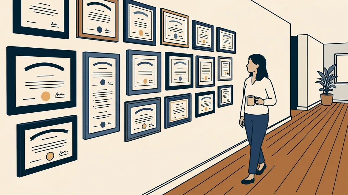 A wall of framed professional licenses from different states hanging in a group practice hallway, with a social worker walking past.