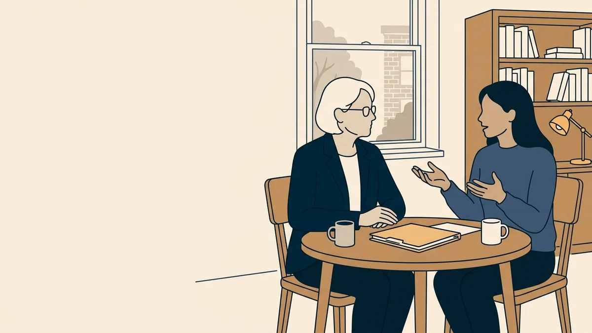 An experienced clinical social worker and a newer master's-level colleague reviewing a case together at a small round table in a clinic office.