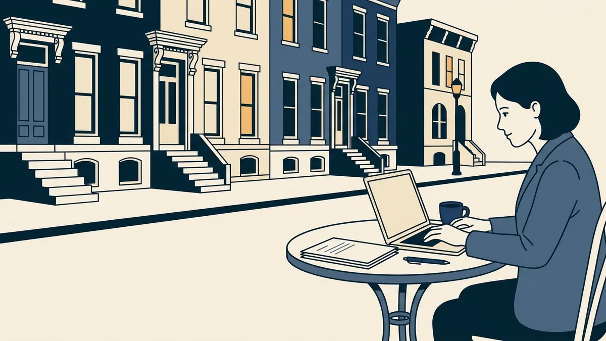 A social worker on a laptop at a café table near Baltimore rowhouses, with a stack of documents beside them.