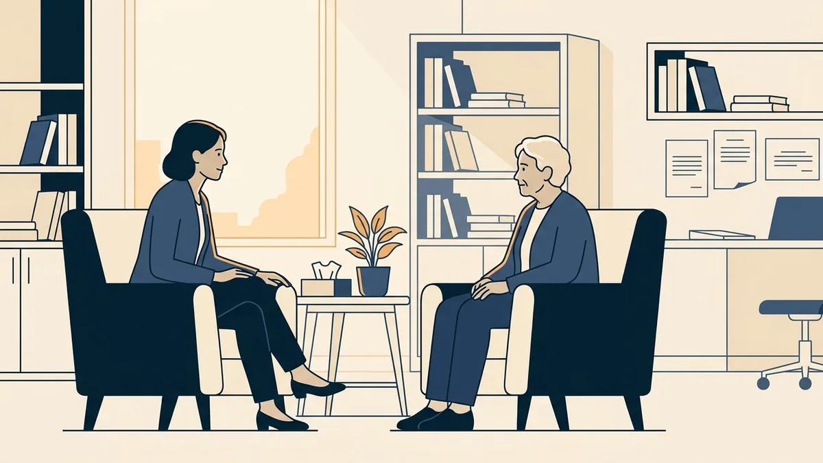 A clinical social worker in session with an older adult client in a bright office with two armchairs.
