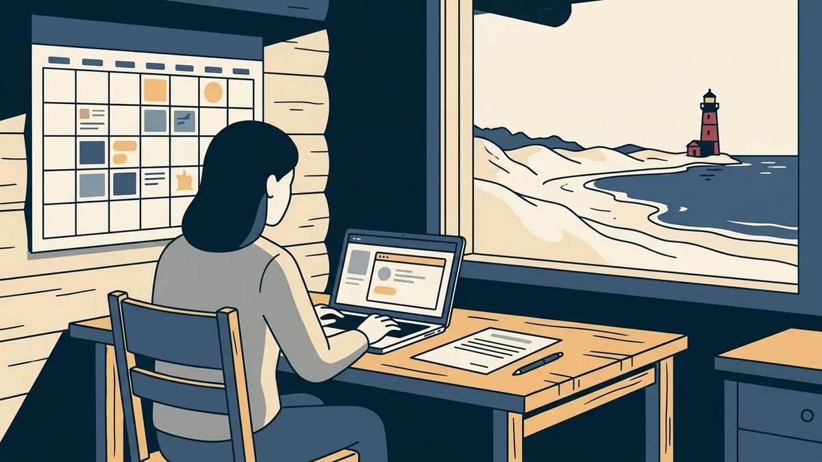 A social worker at a lakeside cabin desk reviewing a calendar marked in colored blocks, with a Great Lakes shoreline outside.