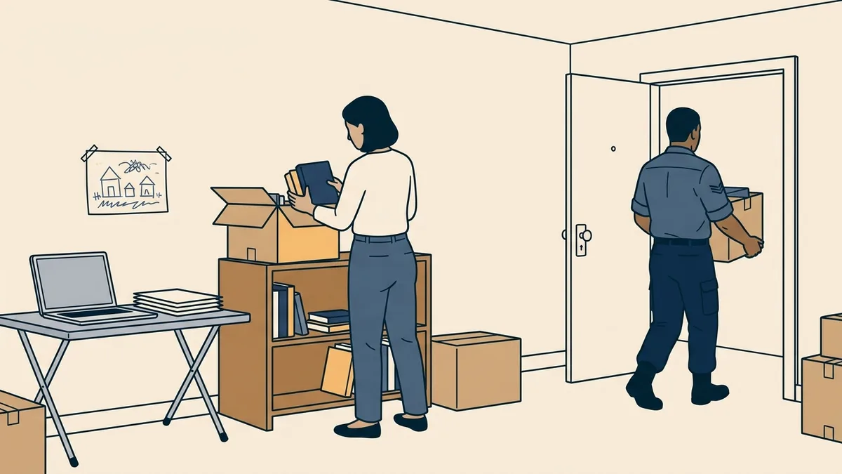A social worker unpacking a box in base housing while her spouse in uniform carries in another box.