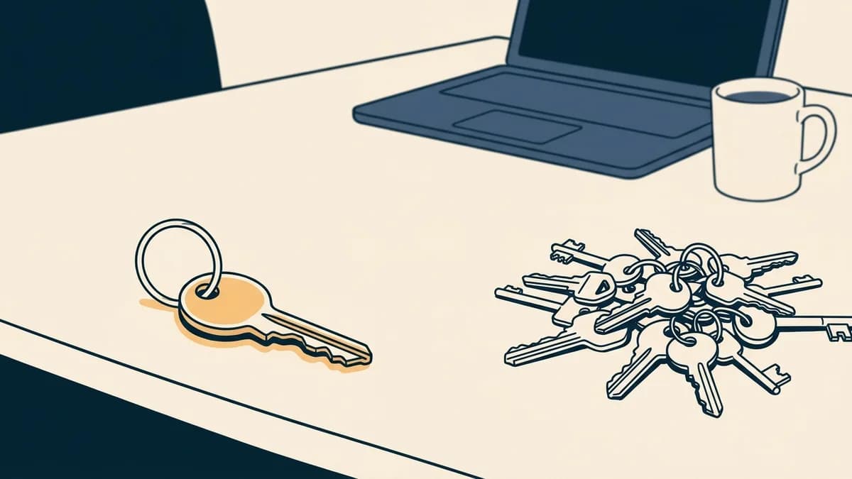 A single key on a ring next to a loose pile of separate keys on a wooden desk in a social worker's office.