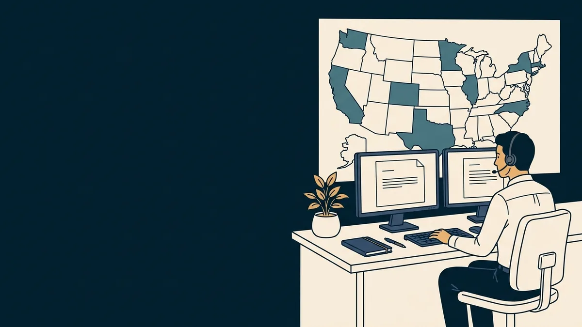 A clinical social worker at a desk with two monitors, a printed U.S. map on the wall with several states shaded.