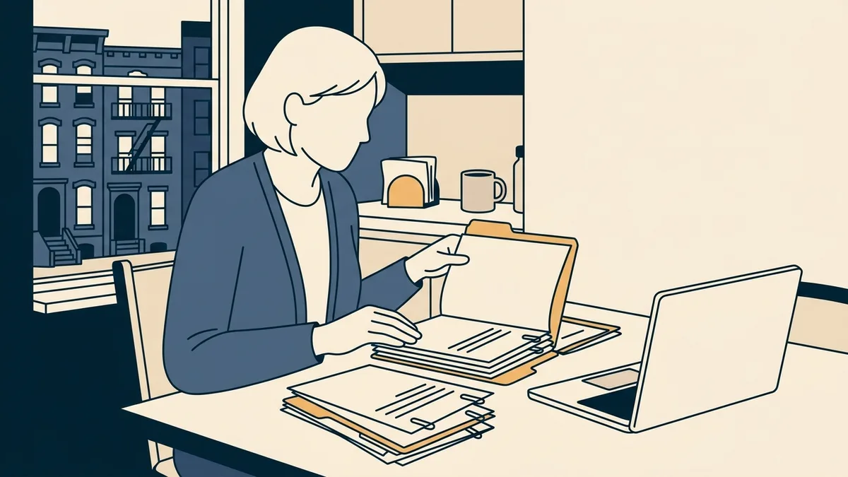 A social worker reviewing a thick application folder at a kitchen table, with a view of brownstones through the window.