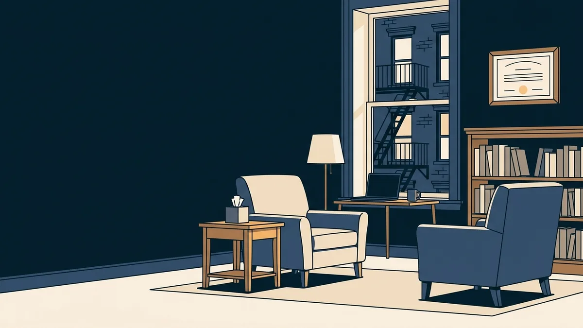 A clinical social worker's office in a New York brownstone with two armchairs, a bookshelf and a framed license on the wall above a desk.