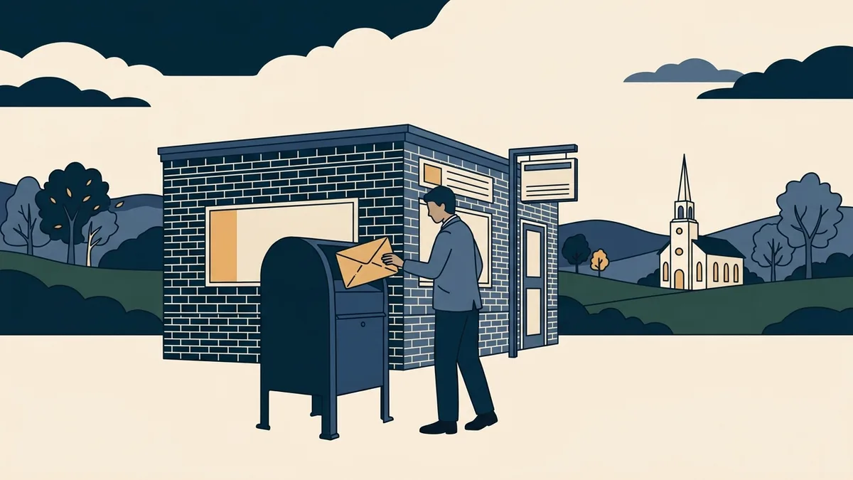 A social worker mailing a large envelope at a small-town post office with Pennsylvania hills behind it.