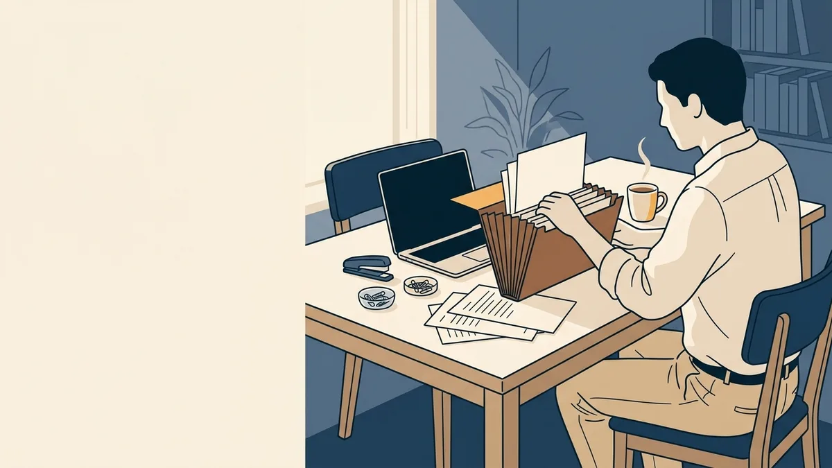 A social worker sorting papers into an accordion folder on a dining table on a weekend morning.