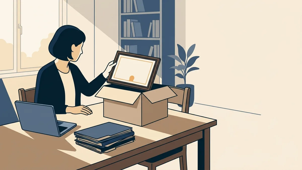 A social worker opening an old license certificate from a storage box at a dining table.