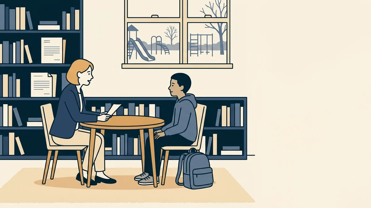 A school social worker talking with a student at a small table in a school counseling office.