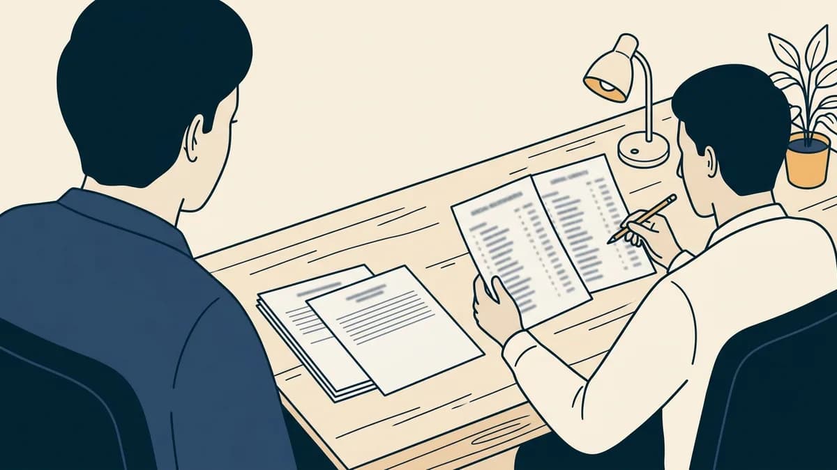 A social worker comparing two printed lists side by side at a desk, with two pages set slightly apart from the rest.