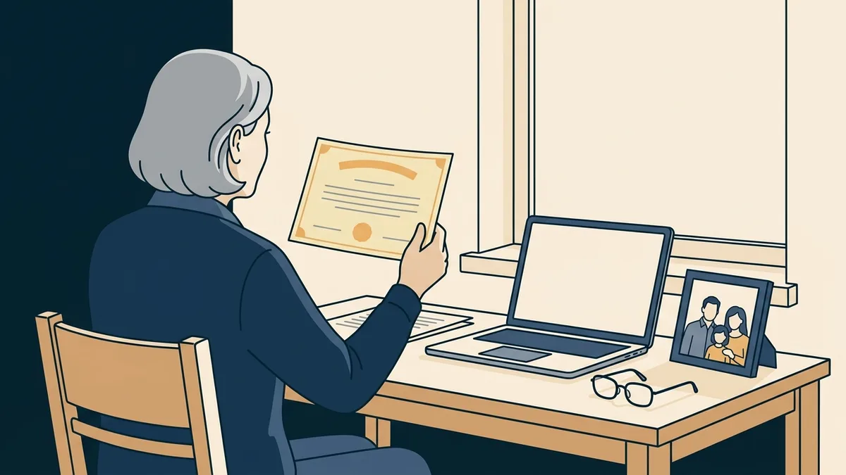 An older social worker at a desk holding a faded certificate next to a laptop, with a framed photo and reading glasses nearby.