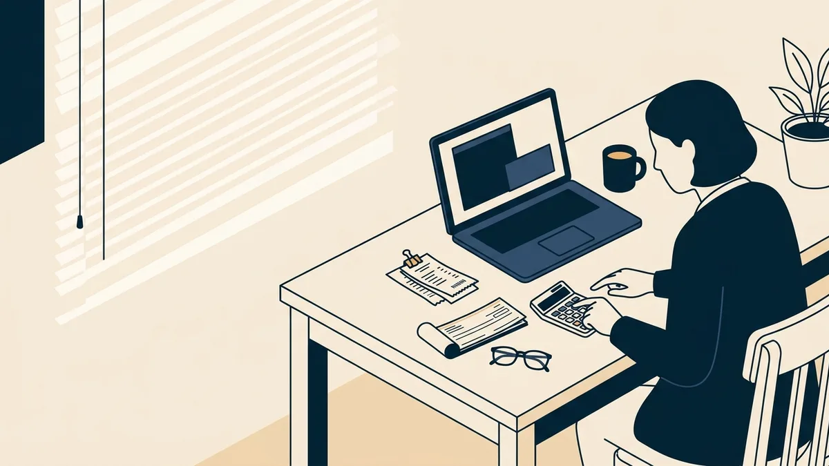 A social worker at a home desk with a calculator, a checkbook and a small stack of receipts.