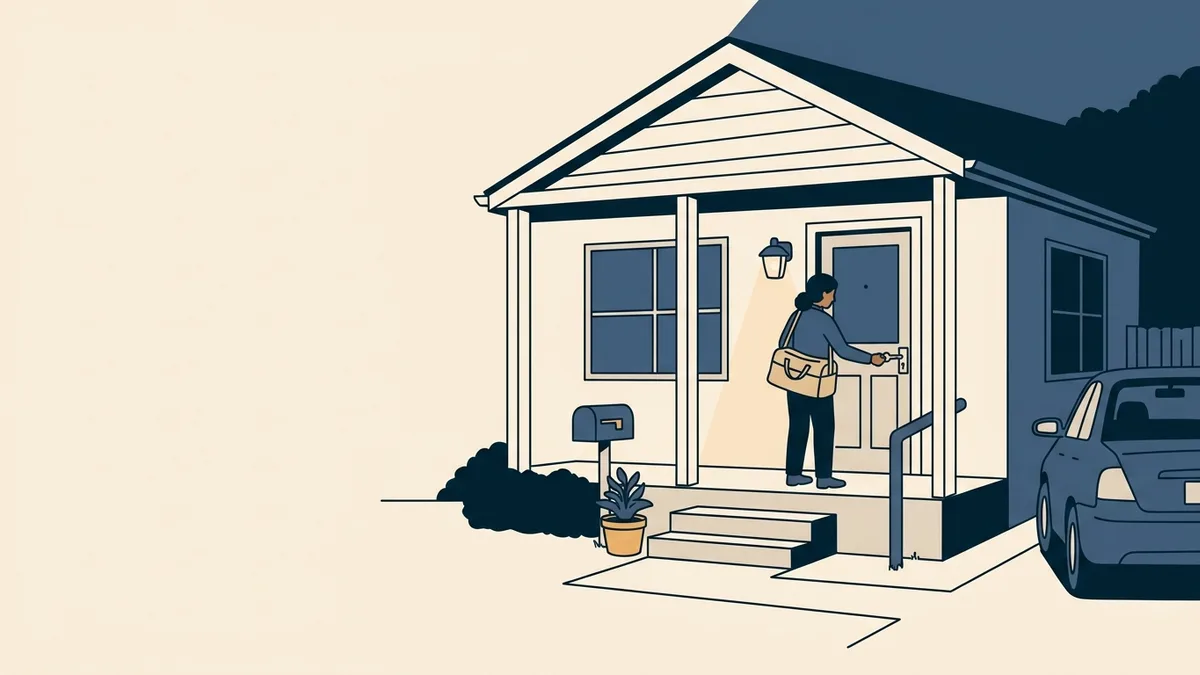 A social worker unlocking the front door of a modest house at dusk, a work bag over one shoulder.