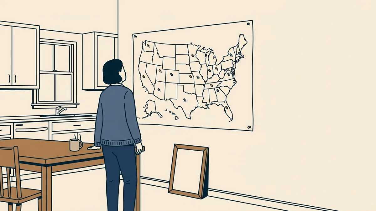 A social worker at a kitchen table reviewing a wall map of the United States with pushpins in many states and an empty license frame beside it.