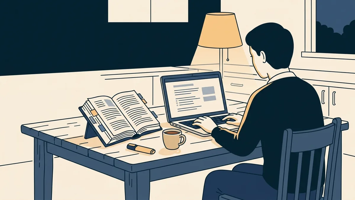 A social worker taking an online open-book exam at a kitchen table with a thick statute book open beside the laptop.