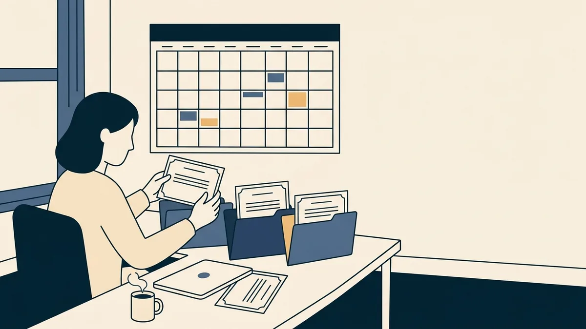 A wall calendar with color-coded blocks above a desk where a social worker sorts certificates into labeled folders.