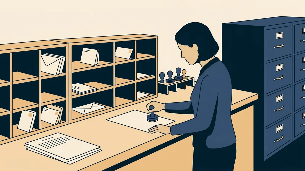 A government office mail room with sorting trays of envelopes and a staff member stamping a document.